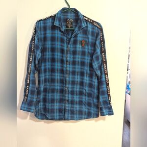 Dry Water Blue Plaid Button-Up Shirt. Gucci Graphic Banner Down Sleeves.